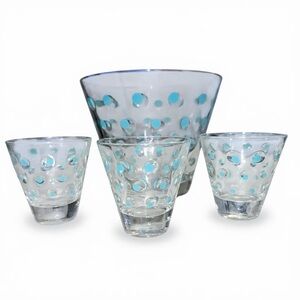 Vintage 1950s Hazel Atlas Turquoise Capri Dot Barware Set of 3 Glasses 1 Bucket